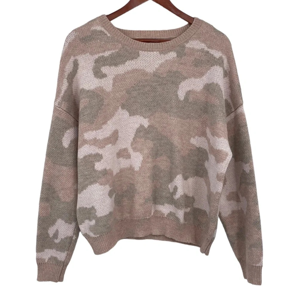 Lucky Brand Pullover Sweater Women Size XL Pink Gray Camo Wool Blend Ribbed Crew